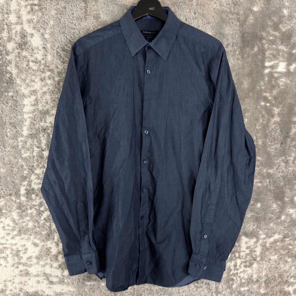 Van Heusen Size 15-15.5 34/35 Slim Fit Minimalist Preppy Dress Shirt Navy Collar